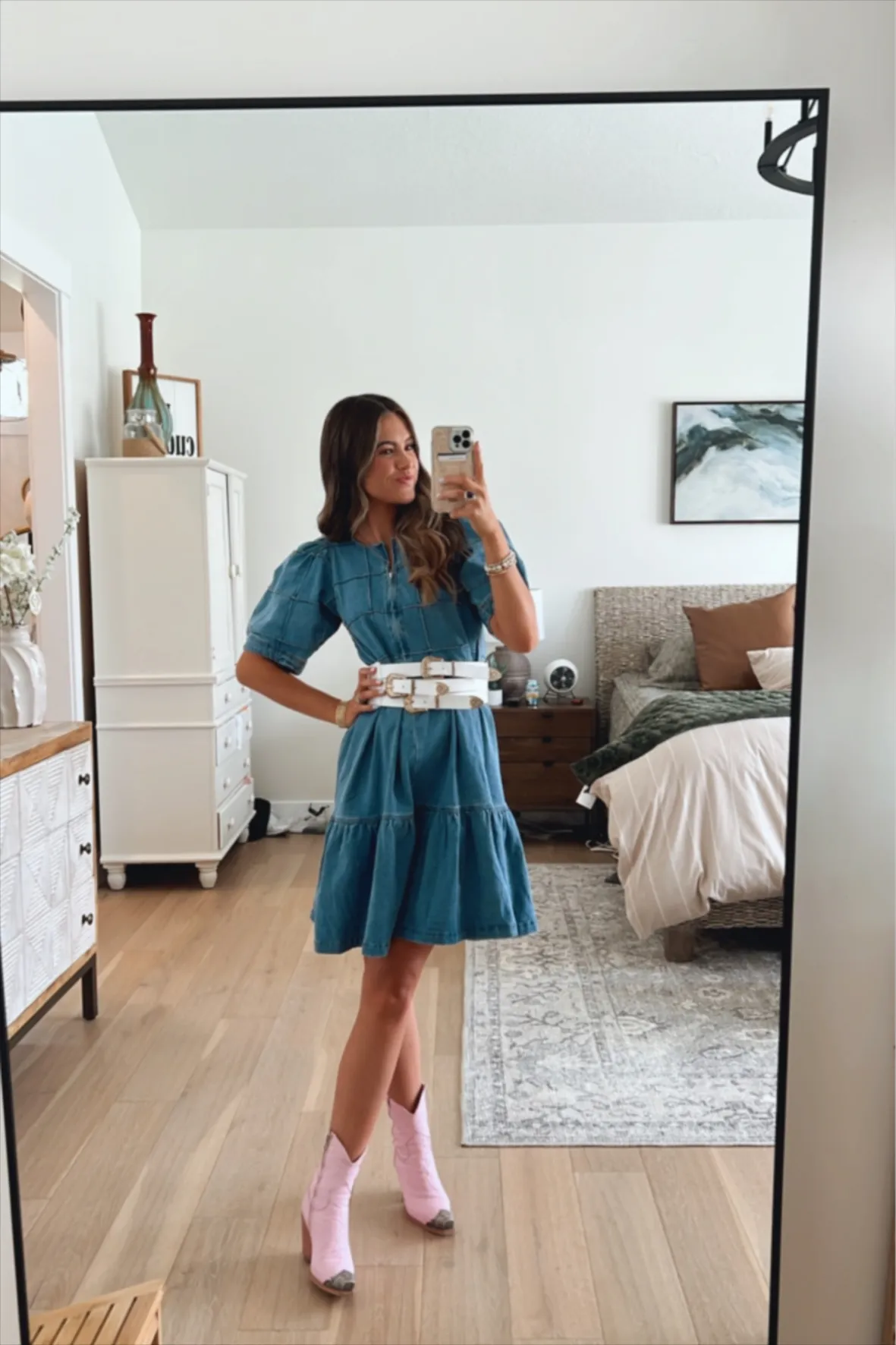 Blue Denim Tiered Dress with Pink Cowboy Boots Blue Denim Tiered Dress with Pink Cowboy Boots — Gender Reveal Outfits 2027