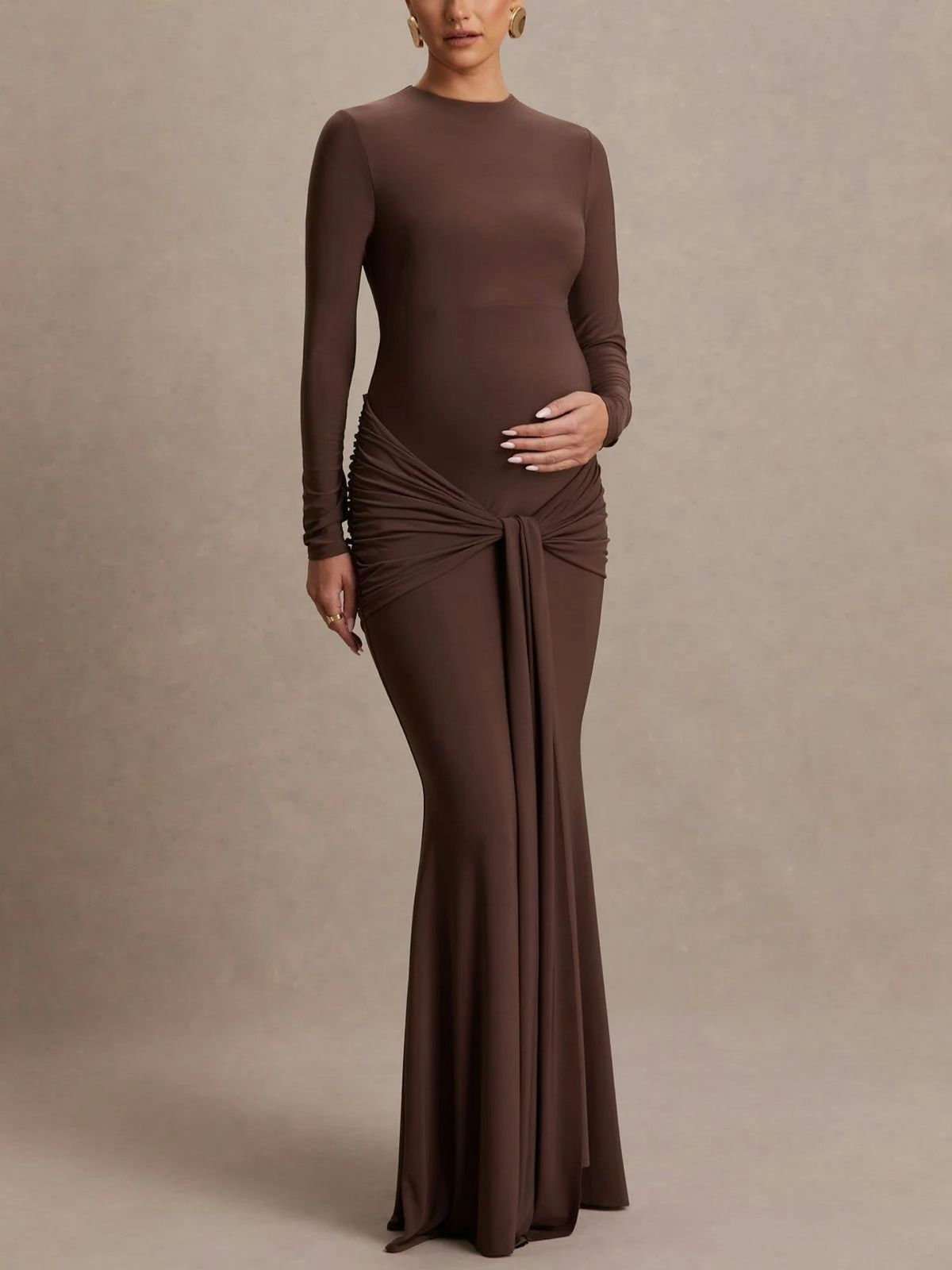 Long-Sleeved Brown Ruched Knot Detail Dress Long-Sleeved Brown Ruched Knot Detail Dress — Baby Shower Dress 2027 for Guest