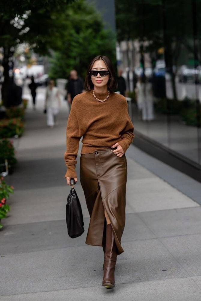 Asymmetrical Leather Wrap Skirt with Knit Sweater Asymmetrical Leather Wrap Skirt with Knit Sweater — Brown Outfits 2027
