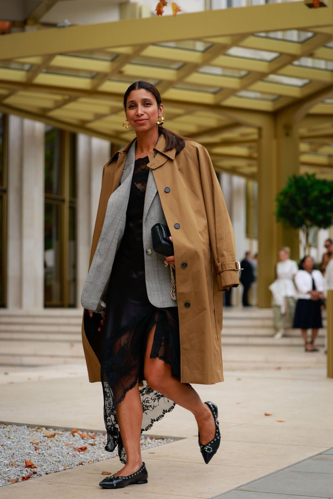 Brown Trench Coat with Blazer and Slip Dress for Evening Chic Brown Trench Coat with Blazer and Slip Dress for Evening Chic — Brown Coat Outfits 2027