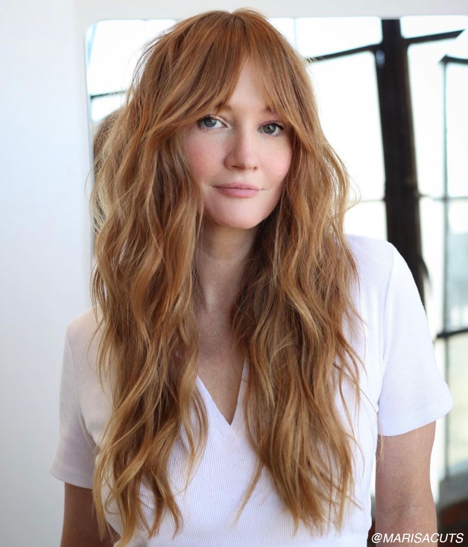 Mid-Back Copper Red Shag with Curtain Bangs — Low Maintenance Haircuts 2027