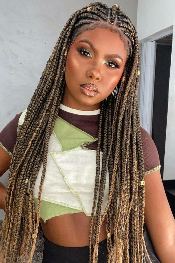 Mid-Back Box Braids With Gold Accents — Tribal Braids 2027