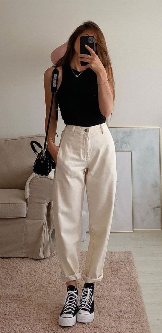 Cream Baggy Trousers with a Black Tank Top Cream Baggy Trousers with a Black Tank Top — Summer Everyday Outfits 2027