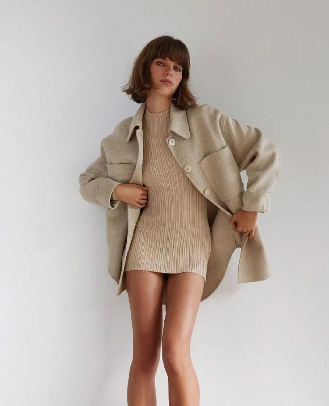 Oversized Beige Shacket Over Fitted Ribbed Knit Mini Dress — Shacket Outfits 2027