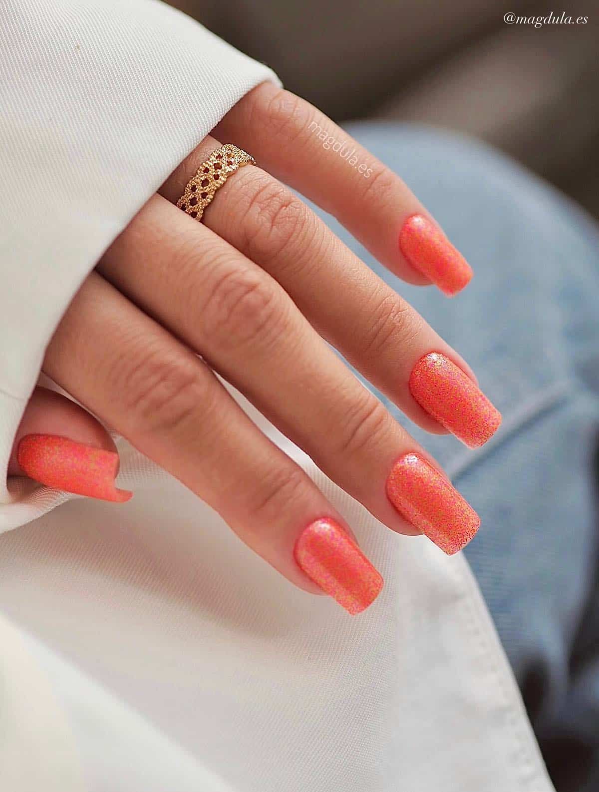 Medium Shimmer Glitter Coral Peach Squares Medium Shimmer Glitter Coral Peach Squares — Peach Square Nails 2027