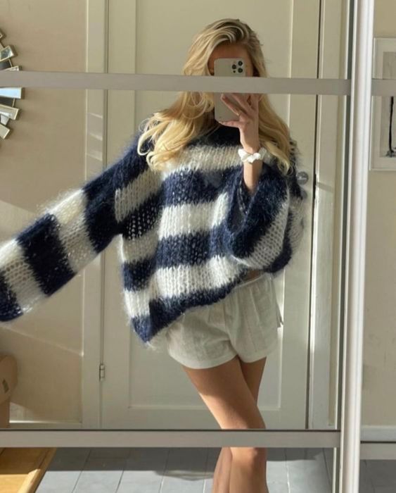 Striped Mohair Sweater with Linen Shorts for Relaxed Casual Warmth — Minimal Scandinavian Outfits 2027