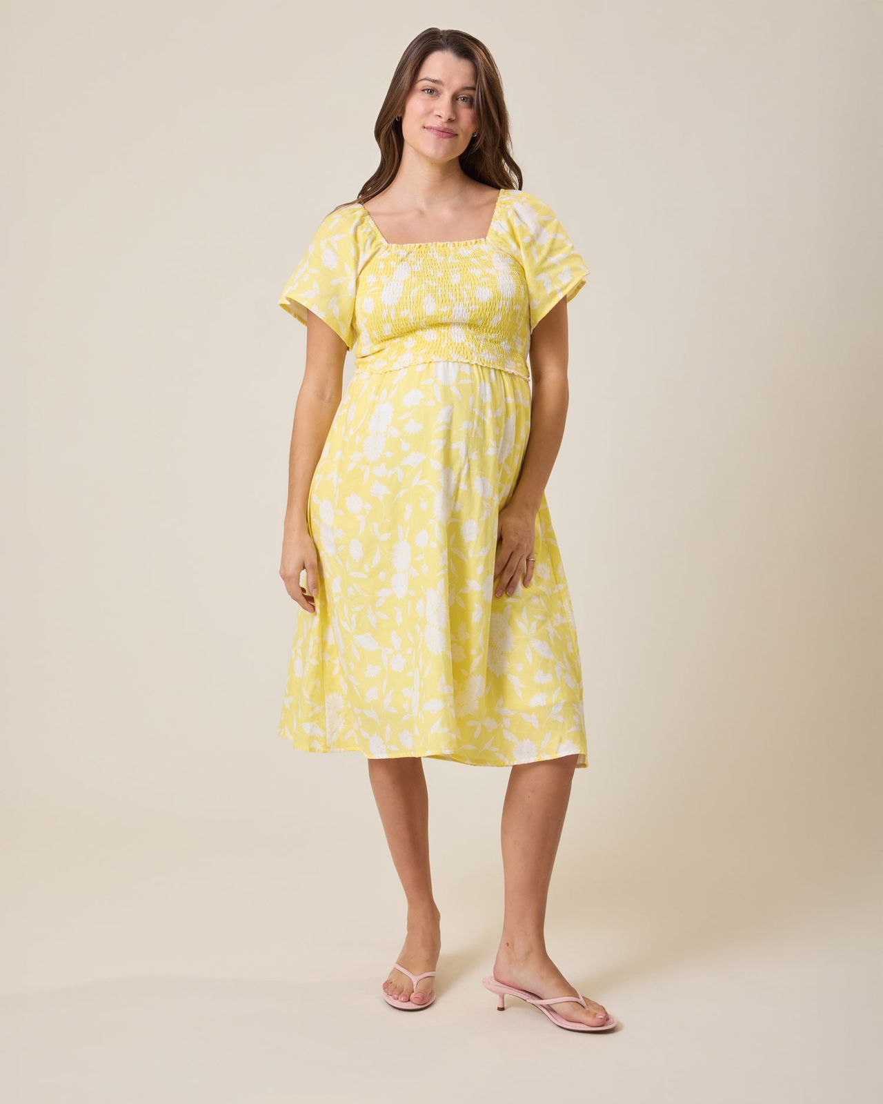 Pink Flip-Flops Yellow Floral Smocked Midi Dress with Flip-Flops Pink Flip-Flops Yellow Floral Smocked Midi Dress with Flip-Flops — Midi Dresses 2027 for Nursing Moms