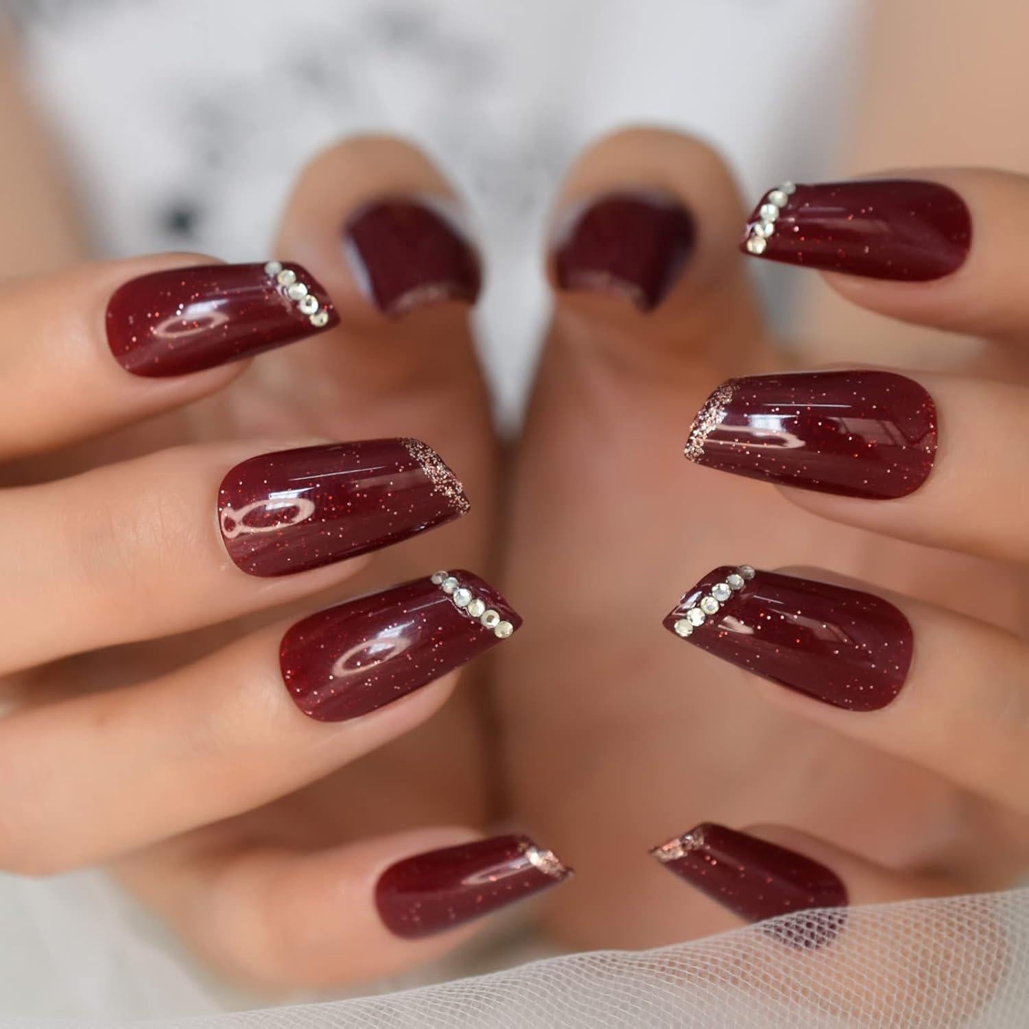 Deep Burgundy with Gold Glitter and Rhinestones Deep Burgundy with Gold Glitter and Rhinestones — Glitter Nails 2027