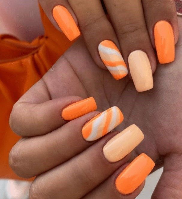 Swirls And Solid Color Blocks Visual Idea Swirls And Solid Color Blocks Visual Idea — Orange Summer Nails 2027