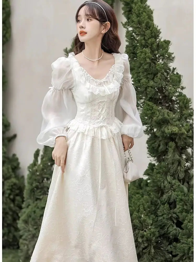 Ivory Lace-Up Corset Dress with Sheer Organza Puff Sleeves — Fairycore Outfits 2027
