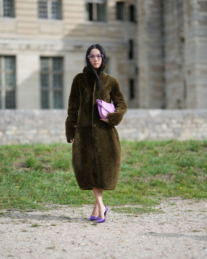 Olive Faux Fur Coat Paired with Striking Purple Heels Olive Faux Fur Coat Paired with Striking Purple Heels — Winter Date Night Outfits 2027