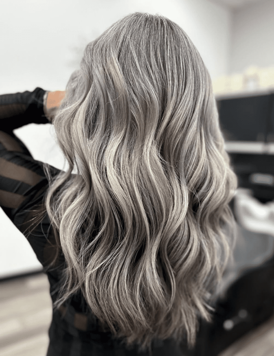 Long Layers Wavy Mid-Back Silver Grey — Hair Color 2027 for Women Over 60
