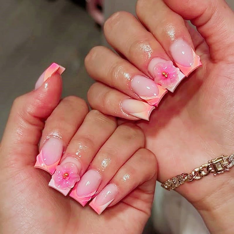 Pink Blossom 3D Flower Coffin Handmade Press-On Nails | Siva Nail