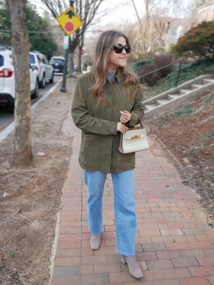Grey Turtleneck with Olive Green Jacket and Light Denim — Turtleneck Outfits 2027