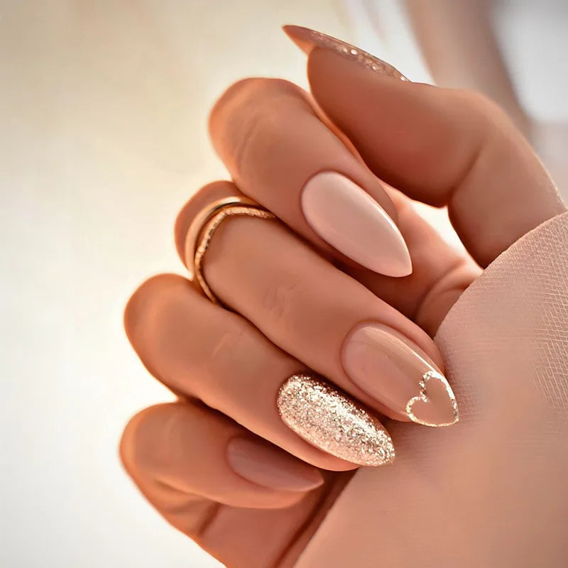 Nude Rose Gold Glitter & Heart Accent — Sparkly Prom Nails 2027