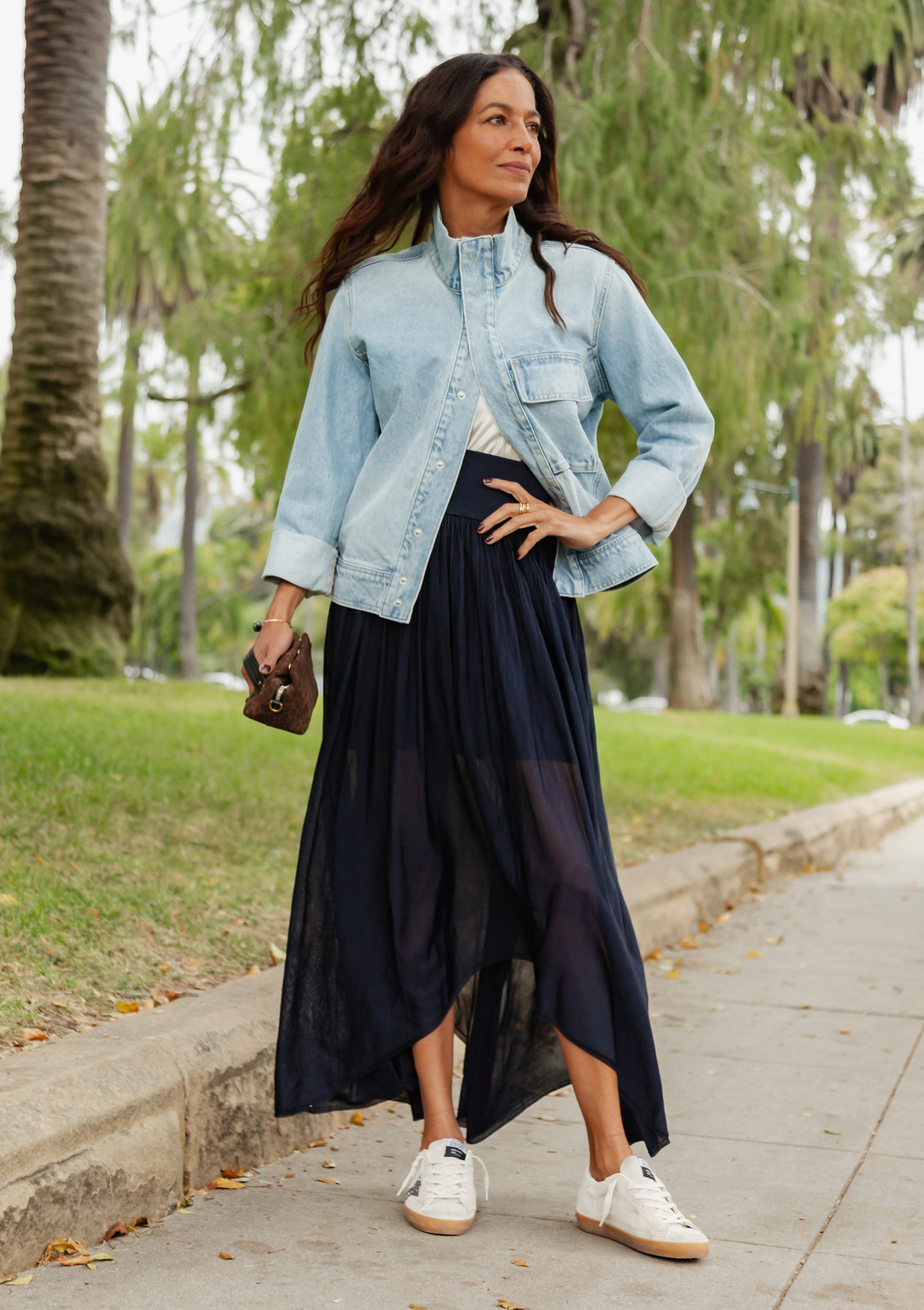 Sheer Midi Skirt with Denim Jacket and White Sneakers Sheer Midi Skirt with Denim Jacket and White Sneakers — Navy Blue Midi Skirt Outfits 2027