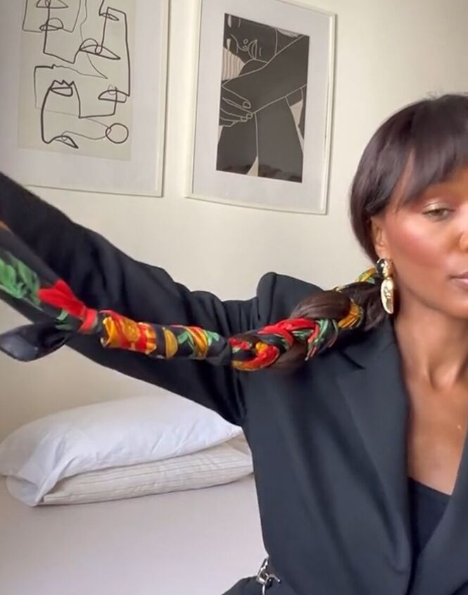 Long Dark Brown Braid With Tropical Scarf Long Dark Brown Braid With Tropical Scarf — Scarf Hairstyles 2027