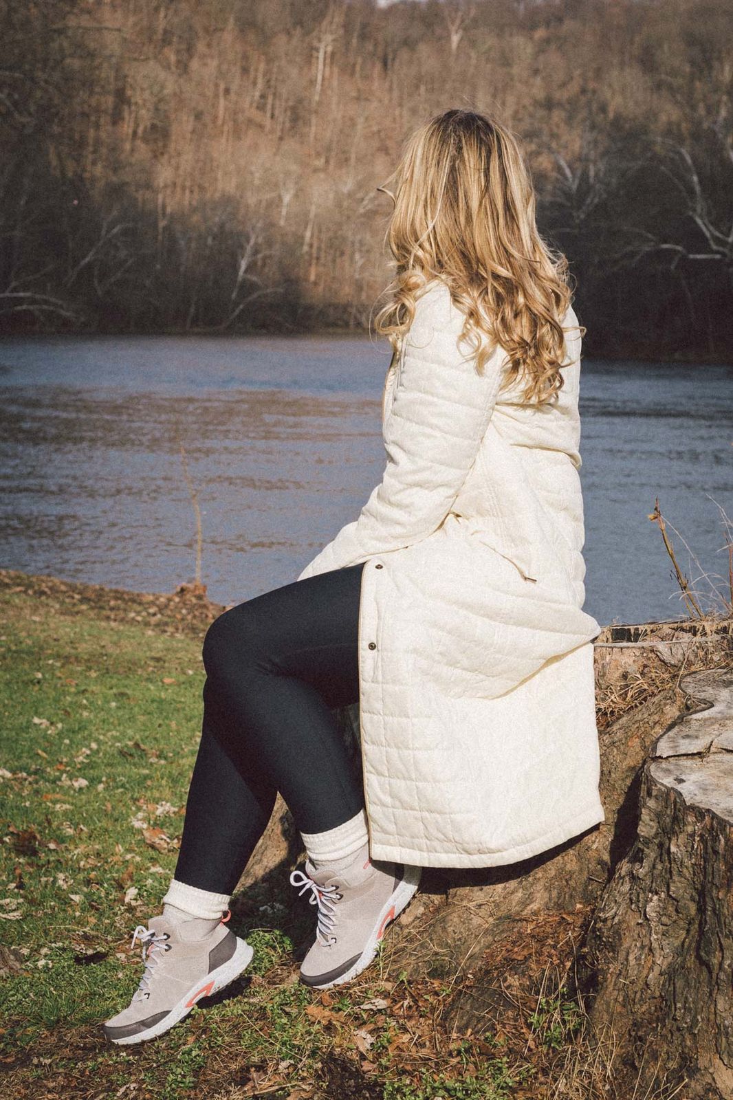 Cream Quilted Coat with Grey Sneakers — Winter Puffer Jacket Outfits 2027