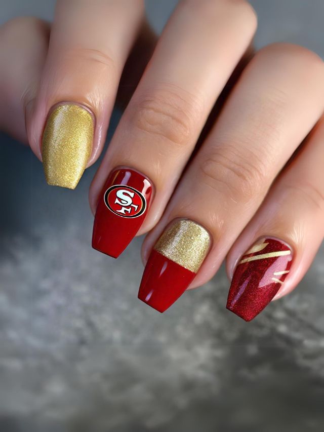 49ers Logo Glitter Gold Accents 49ers Logo Glitter Gold Accents — Cheer Nails Team Colors 2027