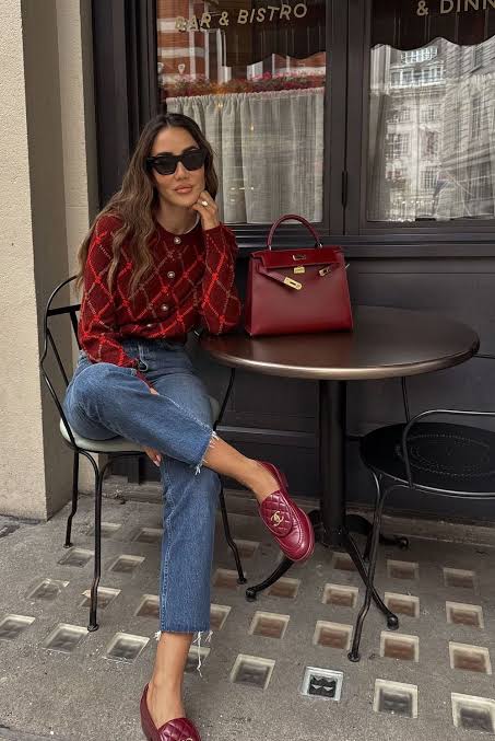 Casual Burgundy Argyle Knit Cardigan with Denim — Burgundy Outfits 2027
