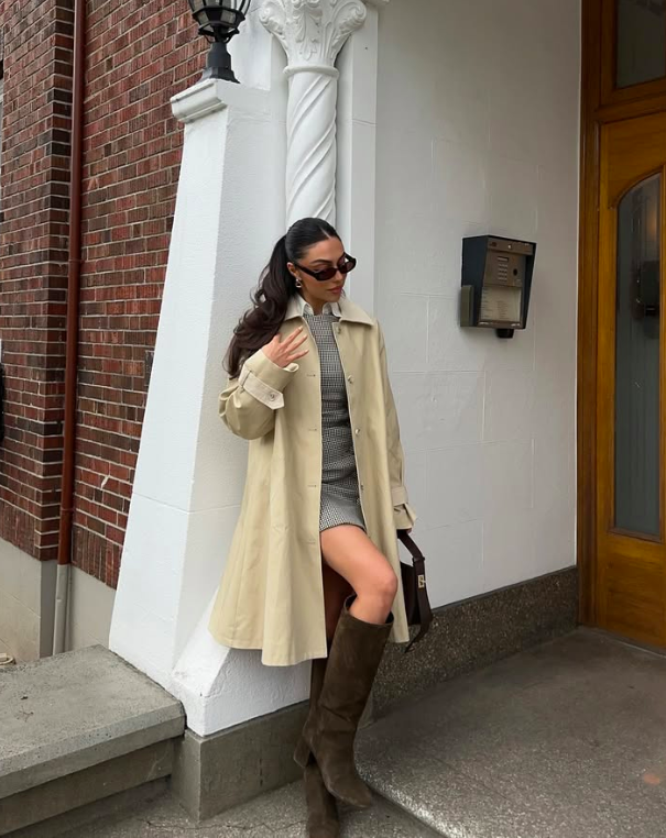 Beige Trench Coat with Checked Mini Dress and Boots — Spring Outfits 2027 with Trench Coat
