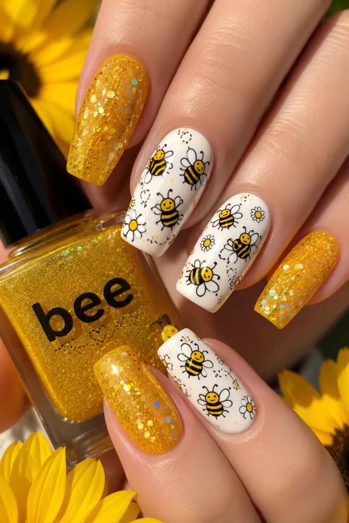 Yellow Glitter with Bee Illustrations Yellow Glitter with Bee Illustrations — Bee Nails 2027