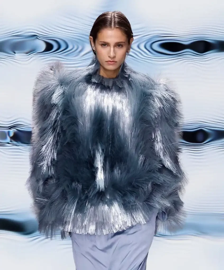 Avant-Garde Texture: Oversized Grey Metallic Faux Fur Jacket — Metallic Outfits 2027