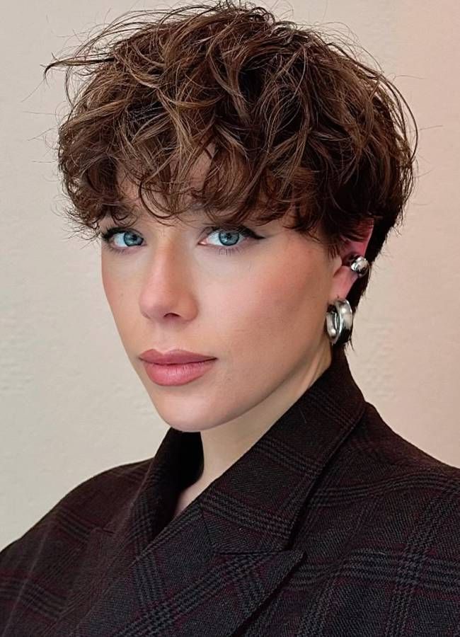 Dark Brown Pixie With Side-Swept Bangs Dark Brown Pixie With Side-Swept Bangs — Pixie 2027 for Curly Hair