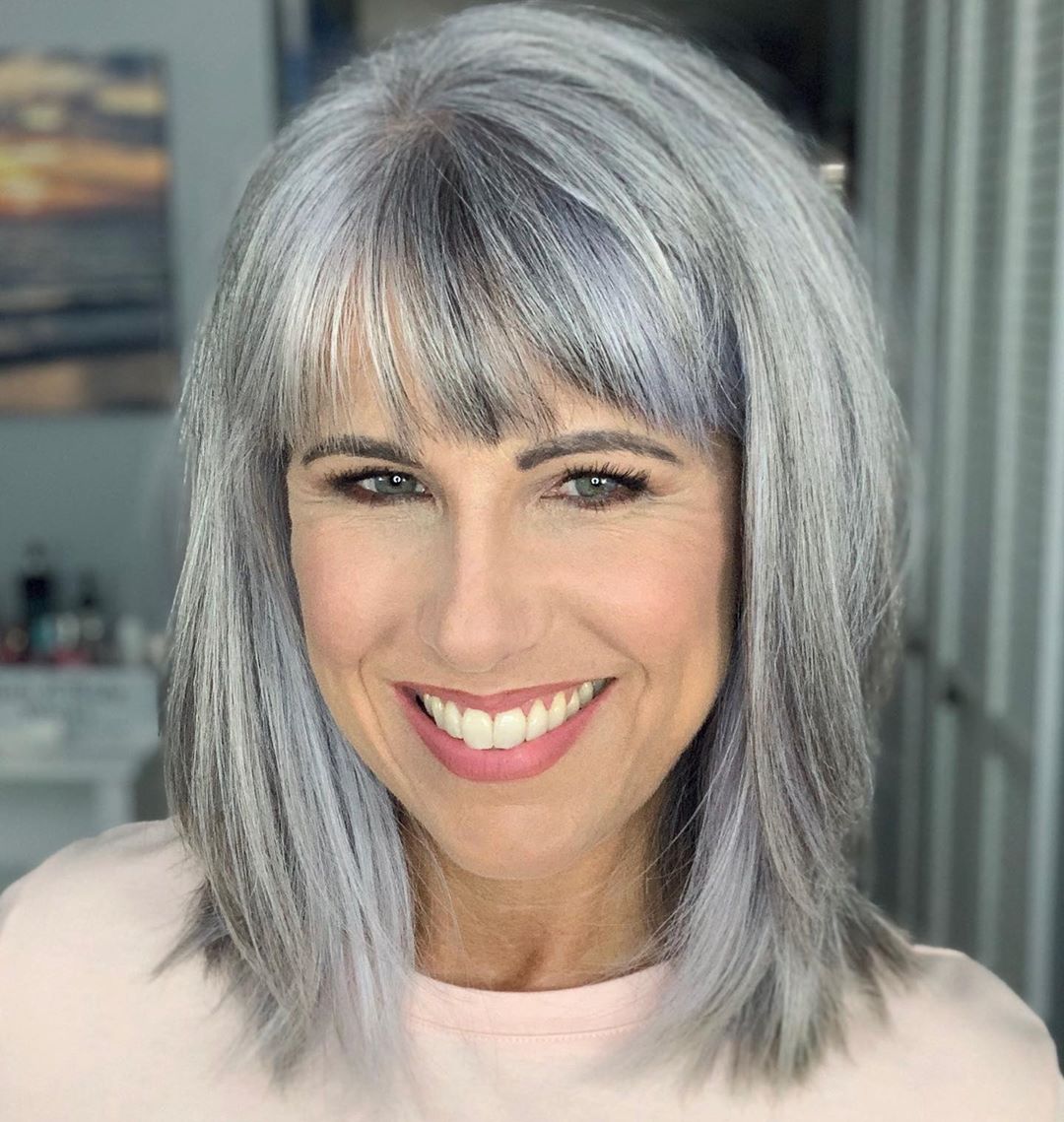 Ash Grey Lob With Straight-Across Bangs Ash Grey Lob With Straight-Across Bangs — Bangs 2027 for Women Over 50