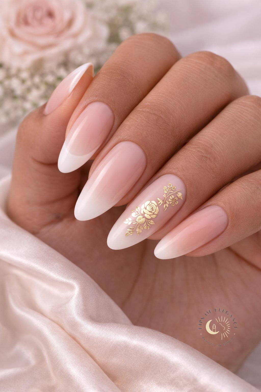 Nude French with Gold Floral Foil — Floral Wedding Nails 2027