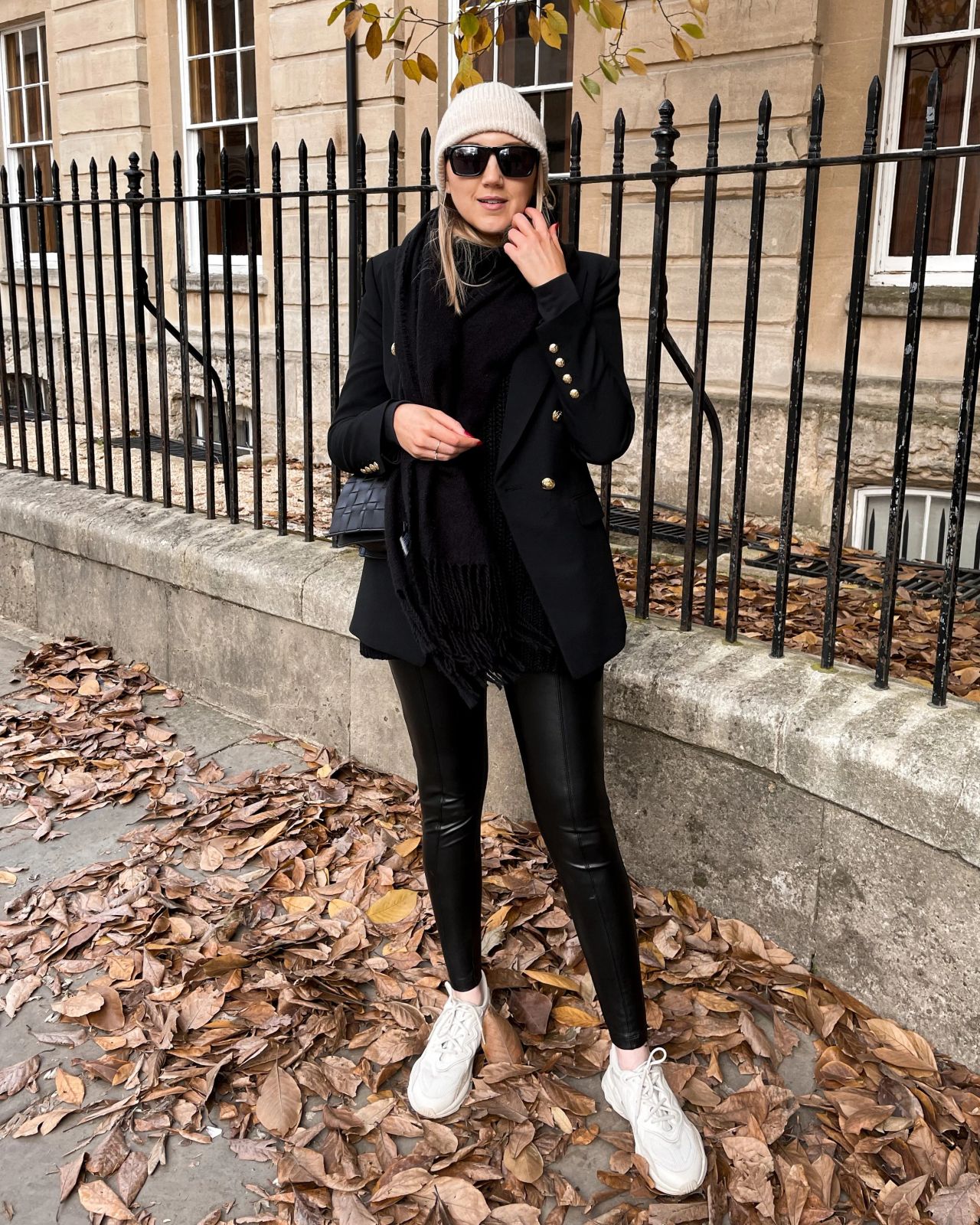 Gold-Buttoned Blazer with Leather-Look Trousers and Beanie — Layered Winter Outfits 2027