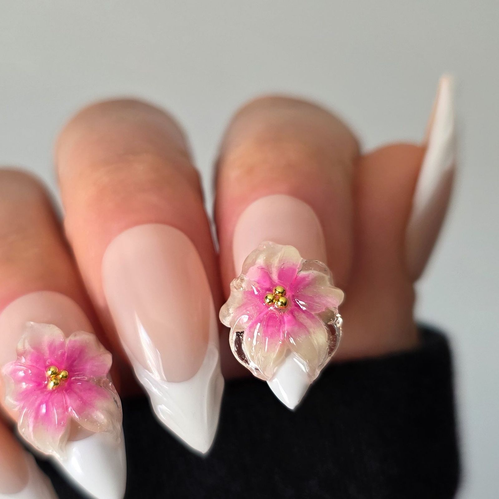 Nude French 3D Pink Flowers Nude French 3D Pink Flowers — Painted Petal Nails 2027