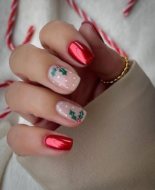 Sheer Nude with Delicate Christmas Decals — Short Christmas Nails 2026