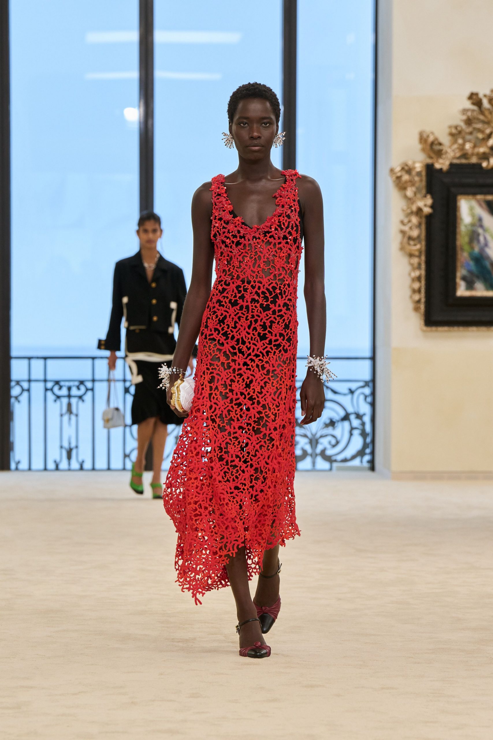 Red Open-Weave Floor-Length Dress Over Black Underlayer Red Open-Weave Floor-Length Dress Over Black Underlayer — Crochet Dresses 2027