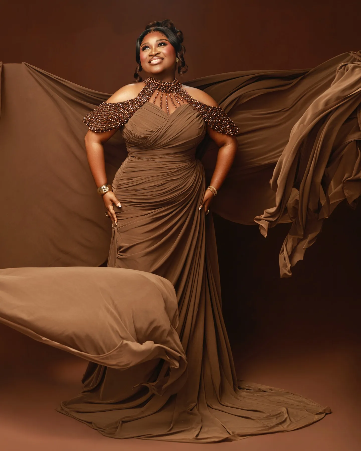 Rich Brown Off-the-Shoulder Gown with Beaded Neckline Rich Brown Off-the-Shoulder Gown with Beaded Neckline — Brown Outfits 2027