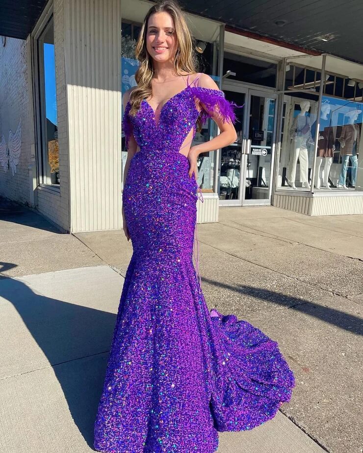 Purple Sequin Mermaid Prom Dress with Feather Trim and Train Purple Sequin Mermaid Prom Dress with Feather Trim and Train — Purple Prom Dresses 2027