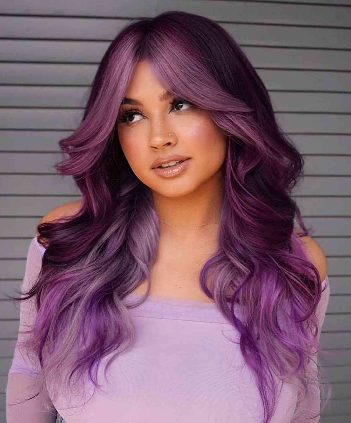 Dark Purple to Blonde Balayage with Curtain Bangs Dark Purple to Blonde Balayage with Curtain Bangs — Blonde 2027 with Purple Hair