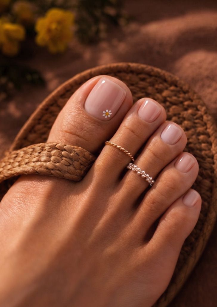 Milky Pink With Tiny Daisy Accent Milky Pink With Tiny Daisy Accent — Summer Pedicure Colors 2027
