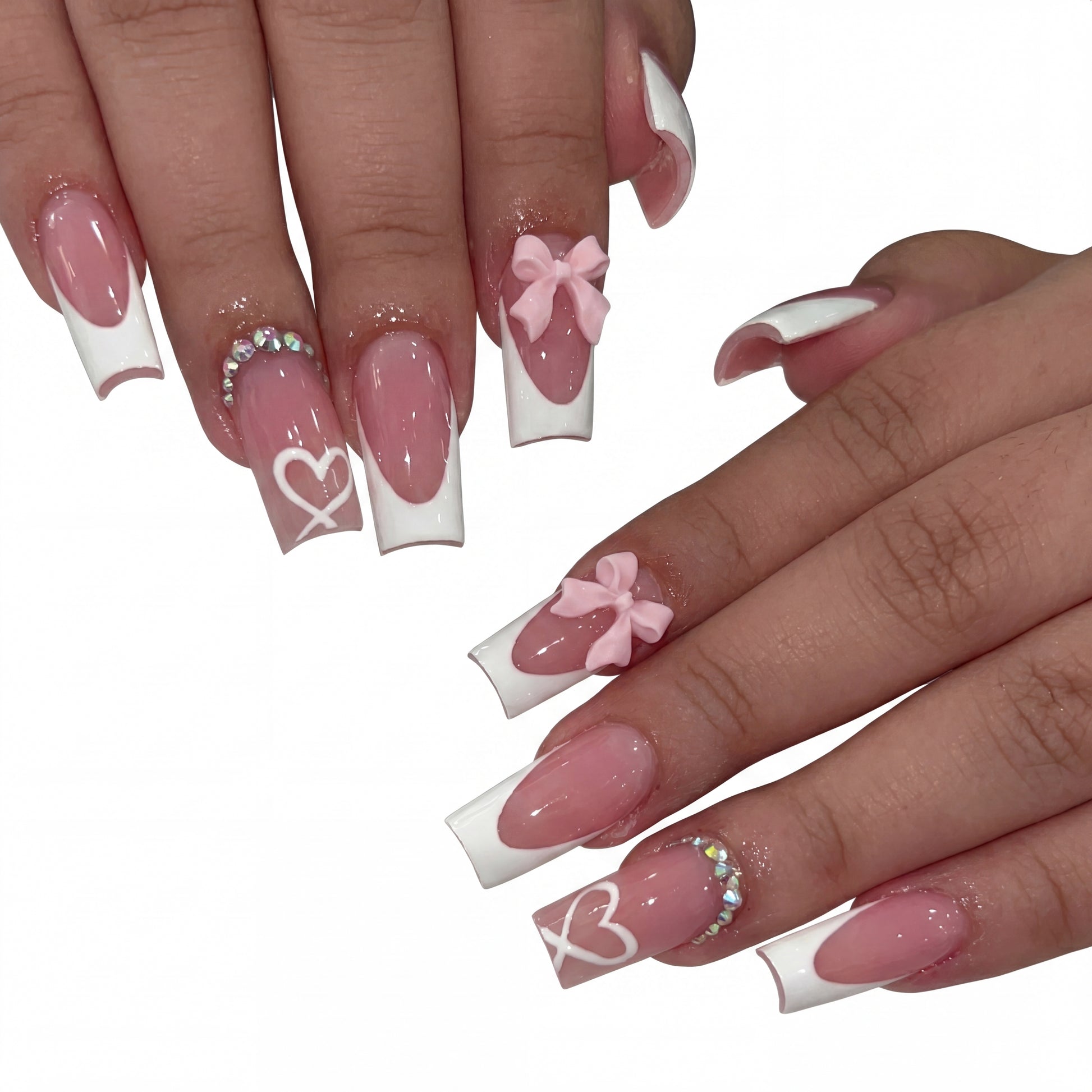 Medium Square Pink French with 3D Bows — Pink Bow Nails 2027