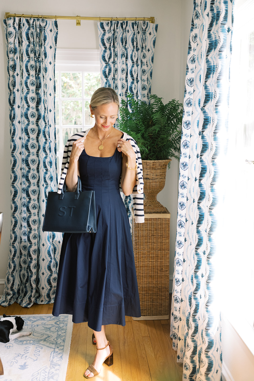 Classic Comfort: Navy Dress with Striped Cardigan Classic Comfort: Navy Dress with Striped Cardigan — Mom Outfits 2027