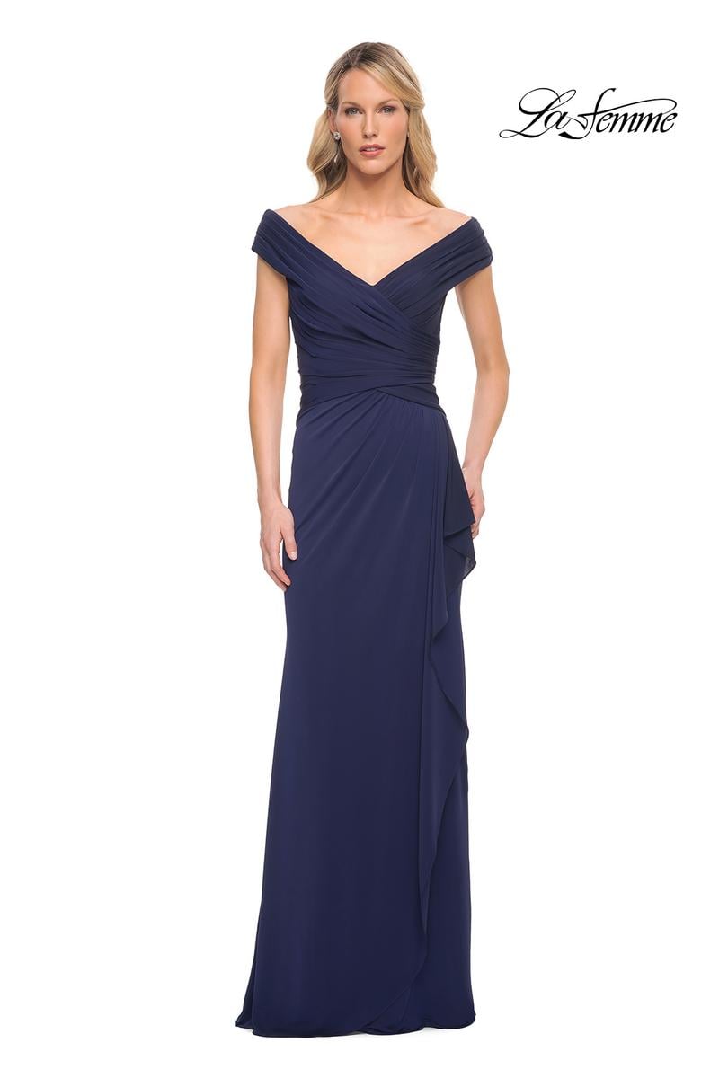 Navy Off-Shoulder Evening Gown with Draped Skirt — Off the Shoulder Top Outfits 2027