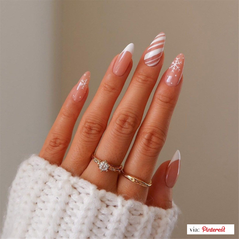 Nude French Tips with Snowflakes Nude French Tips with Snowflakes — Medium Length Winter Nails 2027