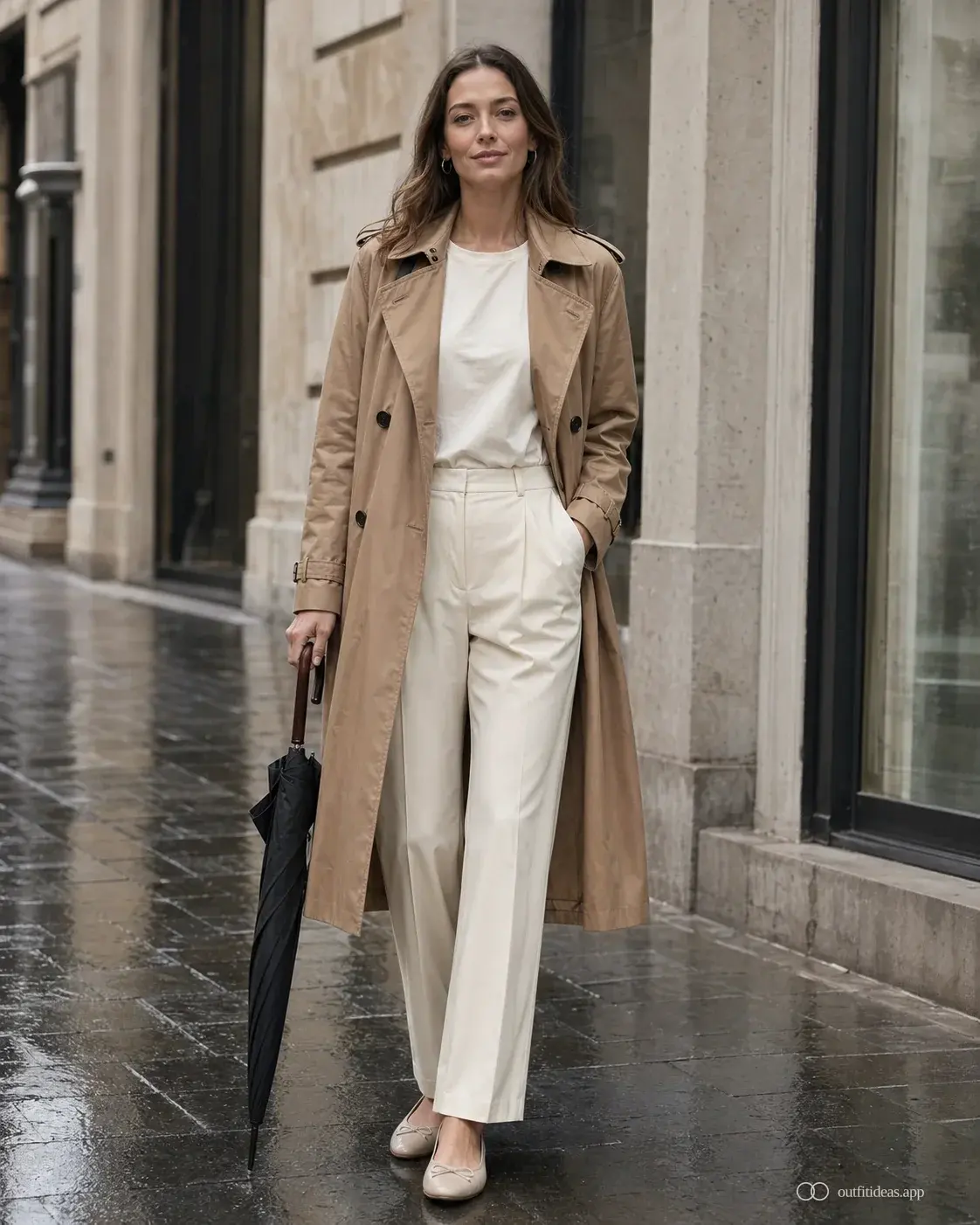 Classic Trench Coat and Cream Trousers for a Chic Arrival — First Day of Work Outfits 2027