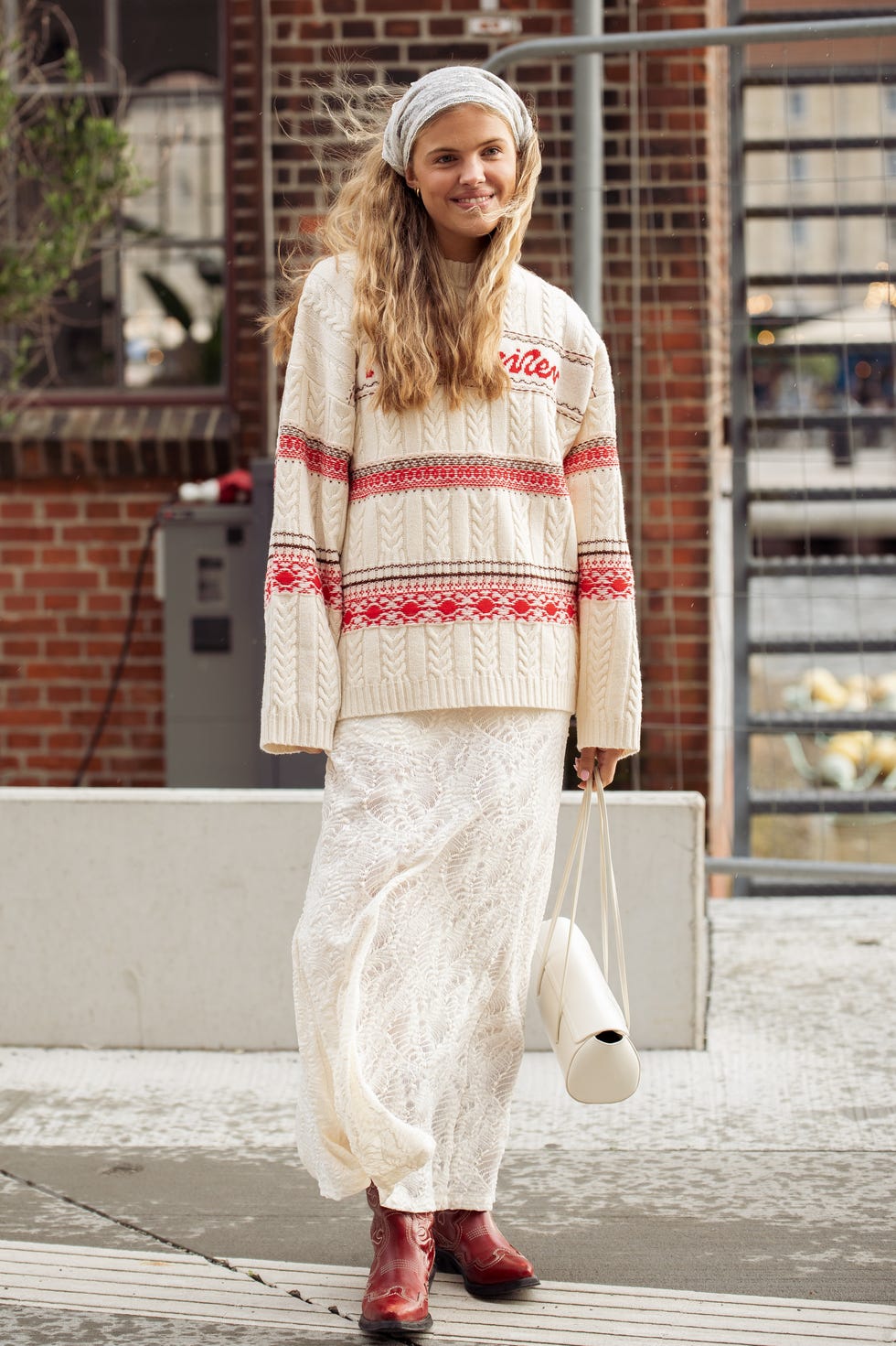 Fair Isle Sweater Paired with Lace Maxi Skirt and Cowboy Boots — Winter Western Outfits 2027