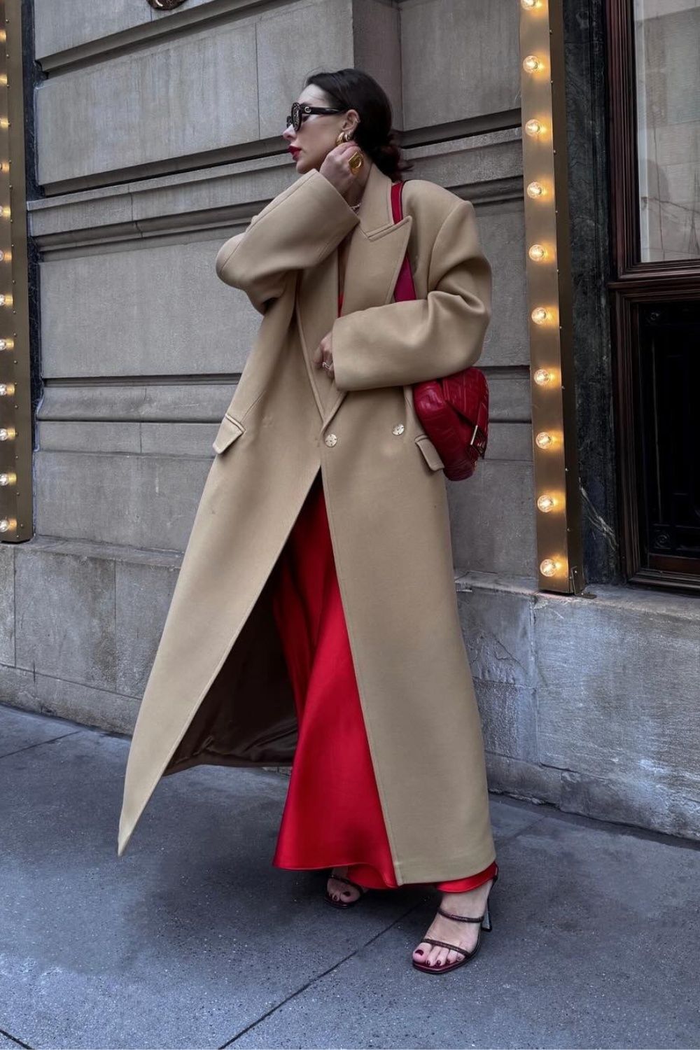 Elegant Camel Coat Paired with Red Satin Dress and Trousers Elegant Camel Coat Paired with Red Satin Dress and Trousers — Brown Coat Outfits 2027