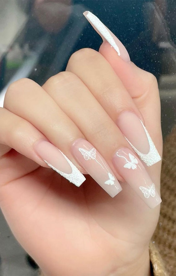 Textured French Tip Butterfly Nails Textured French Tip Butterfly Nails — Long Butterfly Coffin Nails 2027