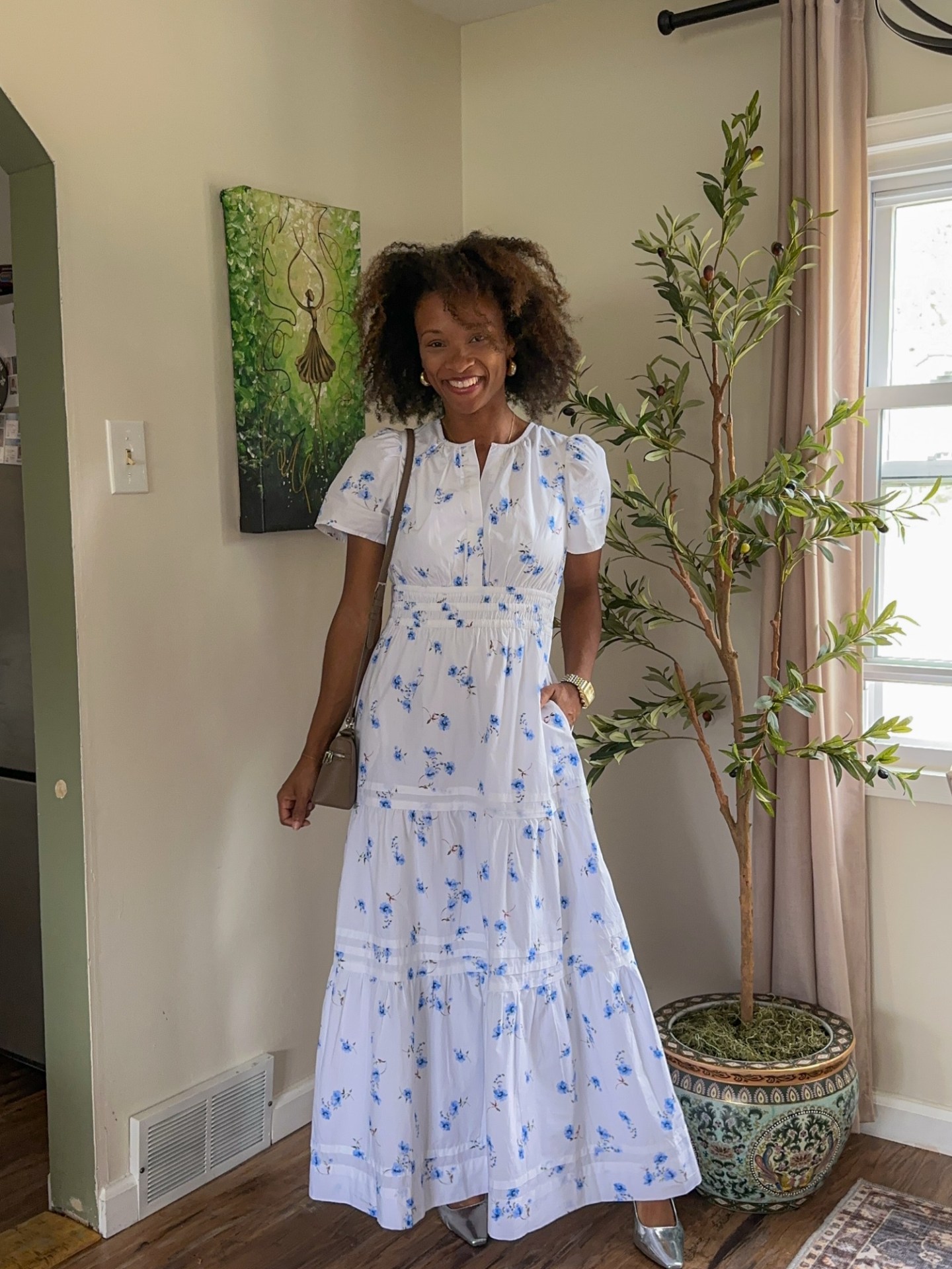 White Cotton Dress with Blue Floral Print and Tiered Skirt — Easter Dresses 2027