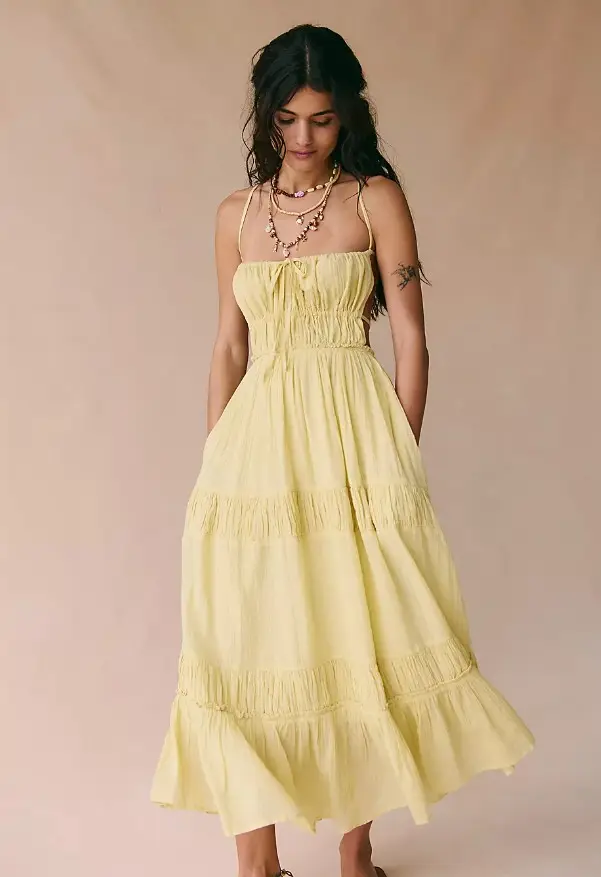 Pale Yellow Gauze Milkmaid Maxi Dress with Tiered Skirt and Layered Necklaces Pale Yellow Gauze Milkmaid Maxi Dress with Tiered Skirt and Layered Necklaces — Milkmaid Dresses 2027