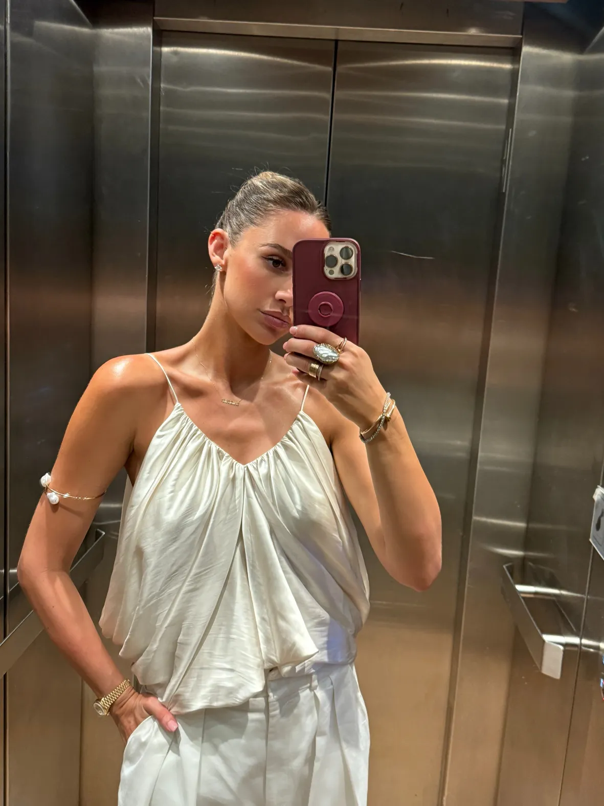 Ivory Satin Camisole with Draped Neckline and Trousers — Satin Top Outfits 2027