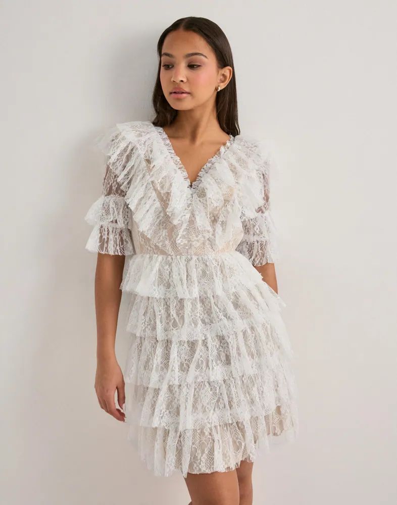 Lace Ruffle Delight: White Tiered Lace Mini Dress Lace Ruffle Delight: White Tiered Lace Mini Dress — Graduation Dresses 2027